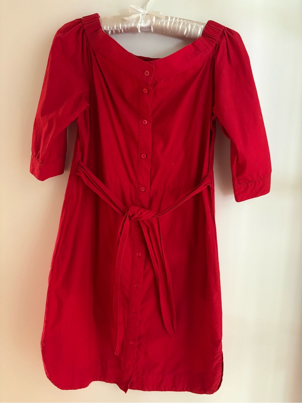 Red Button-Front Tie-Waist Women's Dress